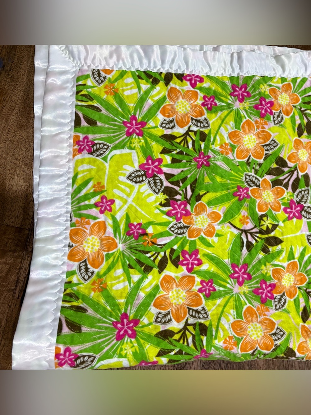 Bright colored hand made quilt tropical print. approx.  42"x 42"